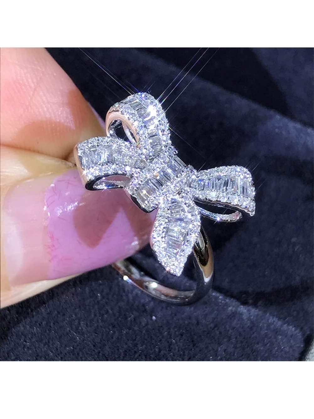 Elegant Silver Bow Diamond Ring - White Crystal Accent - Picture 2 of 6